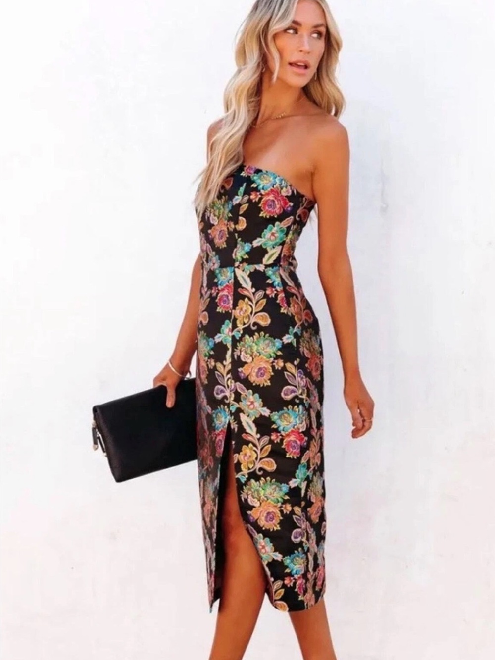 Olia Gianni Strapless Embroidered Floral Midi Dress with Front Slit Size M - Picture 2 of 10